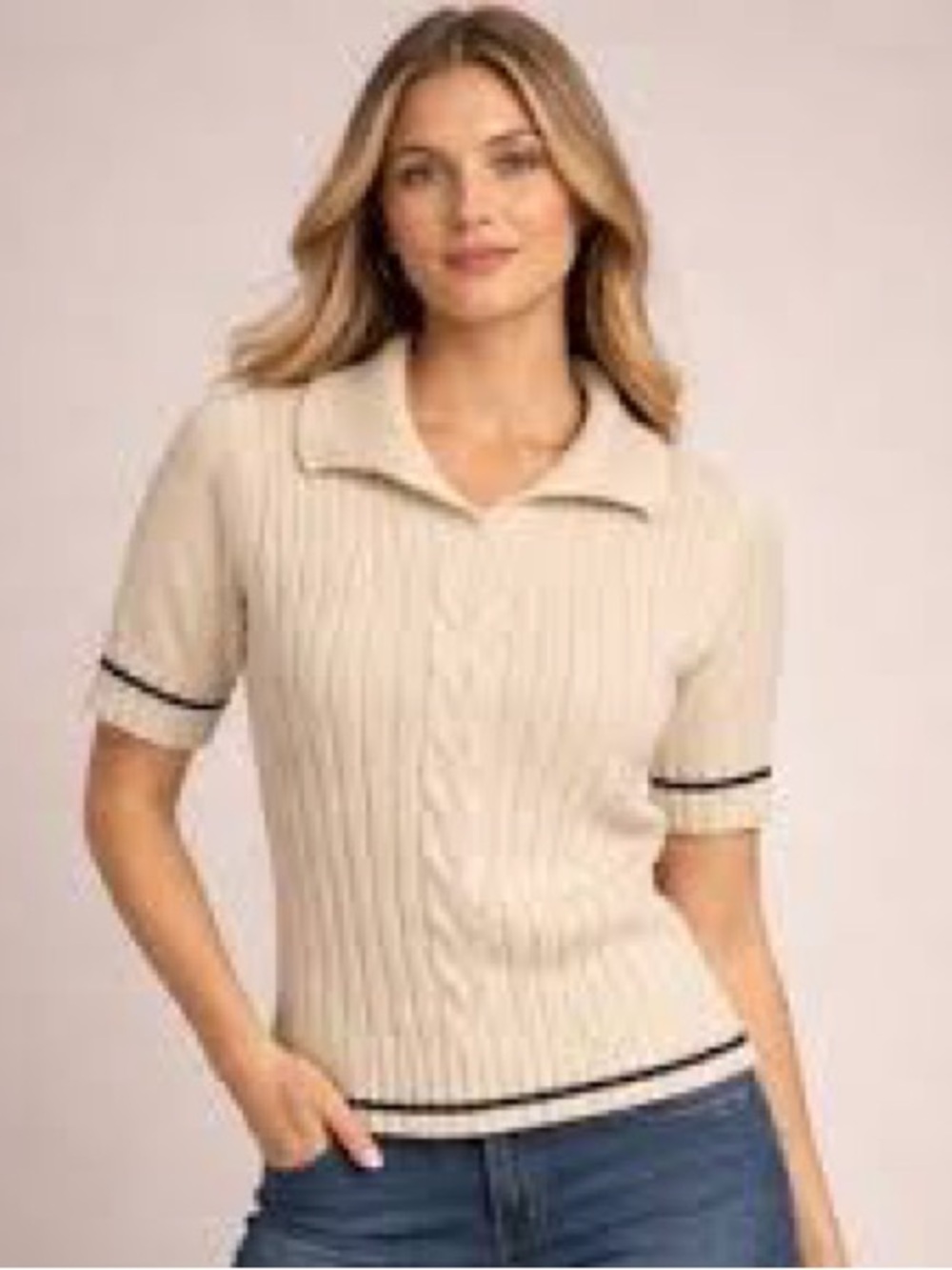 Liz Claiborne Cream Ribbed V-Neck Polo Sweater with Black Trim